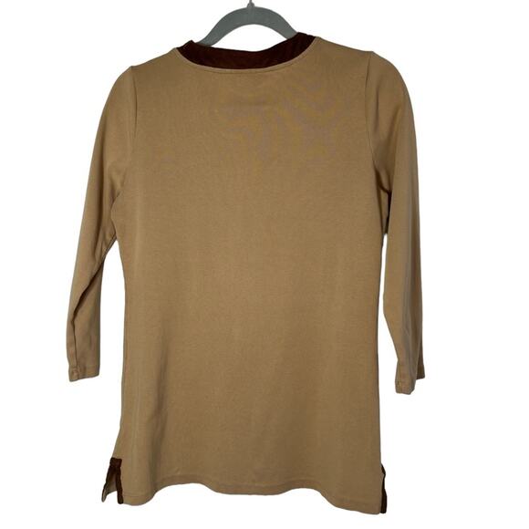 Lauren Ralph Lauren Tan Brown Suede Trim V Neck Long Sleeve top Size Med - Picture 2 of 11
